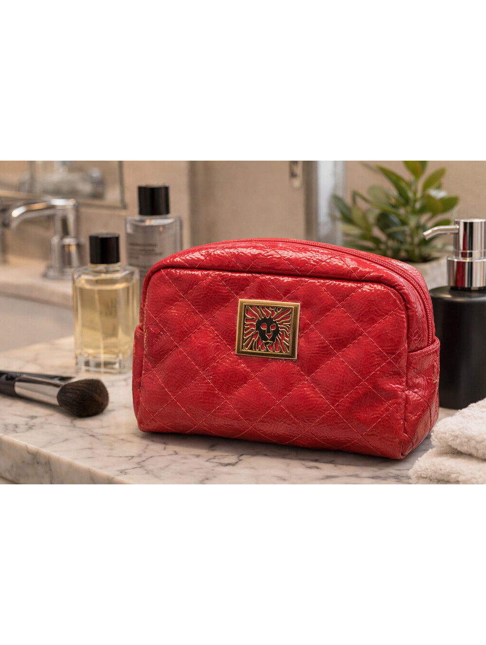Anne Klein Red Quilted Cosmetic Bag Travel Makeup Case Gold Logo Zip